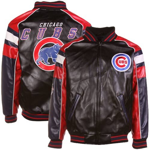 Chicago Cubs Youth Black Pleather Varsity Full Zip Jacket (Large)