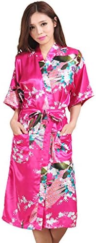 FUNG Women's Satin Bride Getting Ready Robe Long Fushcia S