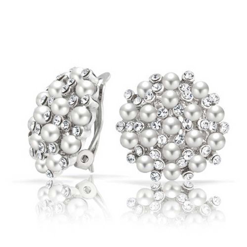Bling Jewelry Vintage Style Crystal White Simulated Pearl Clip On Earrings Rhodium Plated