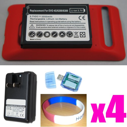HTC Evo 4G 3500mah Extended Battery + Cover (Red) + Standard Wall Charger + All in One Card Reader/writer + Silicone Wrist Band HTC Evo 4G 3500mah Extended Battery + Cover (Red) + Standard Wall Charger + All in One Card Reader/writer + Silicone Wrist Band