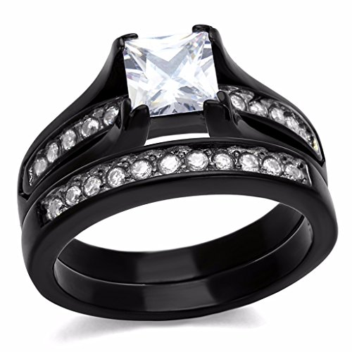 His/Hers 3 PCS Black IP Stainless Steel Princess Cut CZ Ring Set/Mens Band-W10M10