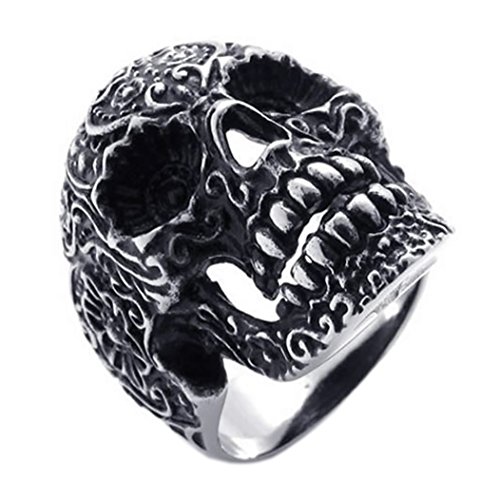 KONOV Gothic Stainless Steel Skull Biker Mens Ring, Silver Black