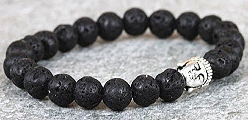 QBP 8mm High Energy Black Lava Bead Silver Plated Buddha Head Wrist Bracelet