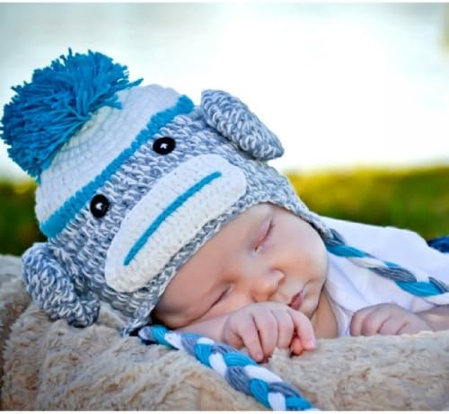Handmade Baby blue sock monkey Hat in spring color 3-8 year old child