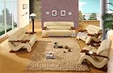 Modern Beige Leather and Mahogany Wood Living Room Set w 2 Plush Leather Chairs
