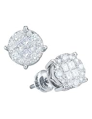 1 cttw 14k White Gold Diamond Round and Princess Cut Invisible Set Earrings (Real Diamonds: 1 cttw)