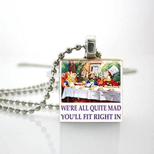 Pretty Lee 2015 New Wooden Scrabble Tiles We Are All Quite Mad Here Pendant Alice In Wonderland Necklace