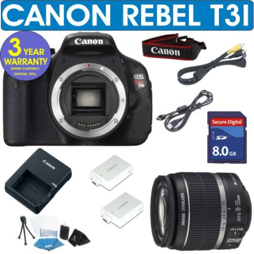 CANON REBEL T3I DIGITAL CAMERA BODY + CANON 18-55 IS LENS + 8GB MEMORY CARD + HOLSTER CASE + EXTRA BATTERY + 6 PIECE STARTER KIT + 3 YEAR CELLTIME WARRANTY