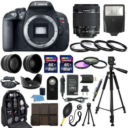 Canon EOS Rebel T5I SLR Camera with EF-S 18-55mm f/3.5-5.6 IS II SLR Lens - Mark II + 58mm 2X Professional Telephoto Lens + 58mm High Definition 0.45x Wide Angle Lens + Transcend 16GB Class 10 Memory Card +Transcend 8GB Class 10 Memory Card with Much More in this 30 Piece Accessory Bundle!