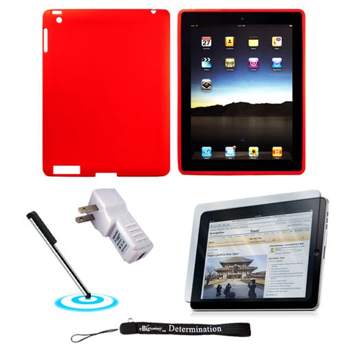 RED Silk Premium Durable Protective Skin for Apple iPad 2 Tab Tablet 2nd Generation + Includes a High Quality and Durable Anti Glare Screen Protector, will prevent from any scratches and dirt going to your iPad Touch Screen + Includes a Home Wall Charger and a Graphic Designer Stylus Pen
