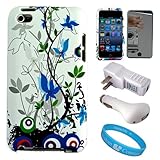 IMAGE OF Premium 2 Piece Blue Flower Design Hardshell Protective Crystal Case For Apple iPOD Touch 4th Generation + USB Car Charger and USB Travel Wall Charger with LED Power Indicator + Mirror Screen Protector for iPod Touch 4th Generation + SumacLife TM Wisdom Courage Wristband
