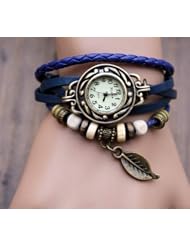 6 Color Quartz Fashion Weave Wrap Around Leather Bracelet Lady Woman Wrist Watch (Blue)