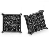 Black Stud Earrings 12 mm Square Shaped Round Cubic Zirconia Blackout Iced Pushback Post