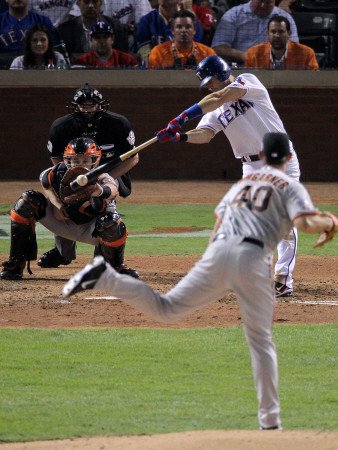 San Francisco Giants v Texas Rangers, Game 4: Michael Young Photographic Poster Print by Doug Pensinger, 12x16