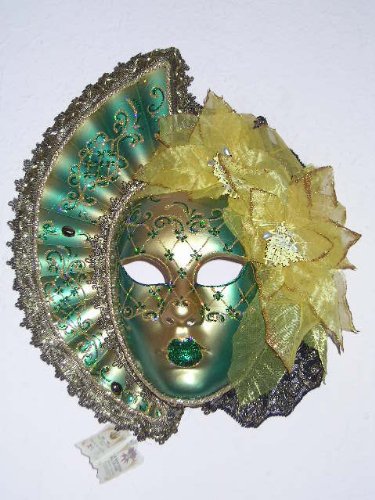 Venenetian Art Deco Carnival Wall Mask /Green and Gold with a Fanning Headdress