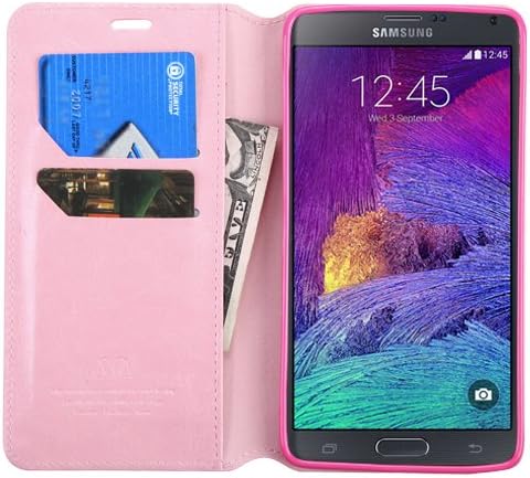 MYBAT For SAMSUNG Galaxy Note 4. Leather Flip Wallet Book Style Pouch Folio Case Cover Stand with Credit Card Slots Tray &amp; Disinfecting Alcohol Pad V|3 (Light Pink)