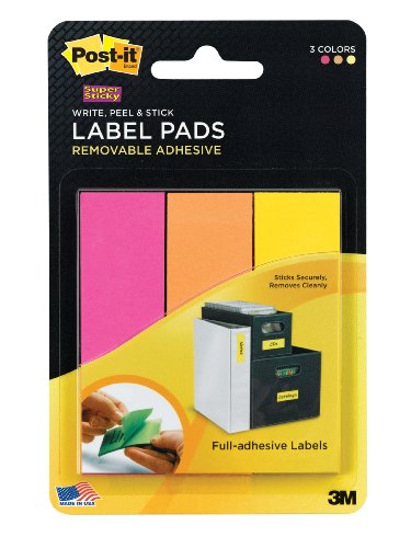Post-it Super Sticky Removable Label Pads, 1 x 3 Inches, Fushia, Orange, and Yellow, 75 Labels per pack (3 Pads) (2900-FOY) On Sale