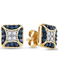 10K Yellow and White Two 2 Tone Gold Round Brilliant Cut Blue and White Diamond - Square Princess Shape Milgrain Channel Set Studs Earrings with Secure Push Back Closure - (1/2 cttw.)