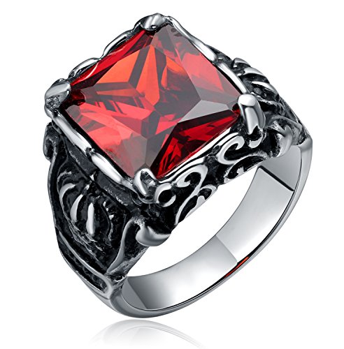 TIGRADE Jewelry Stainless Steel Vintage Square Red Crystal Dragon Claw Men's Band Ring, Size 7-13