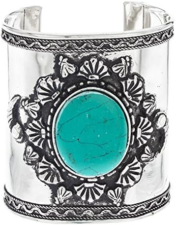 Silvertone with Simulated Turquoise Stone and Antique Design Adjustable Cuff Bangle