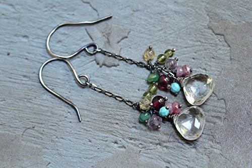 Rock Crystal Quartz Mixed Stone Colorful Cluster Oxidized Sterling Silver Dangle Earrings
