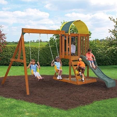 The Swing Set Premium Play Sets high-quality 10-year limited wooden component warranty Age 5-11 Years Max Weight 6 110 lbs Lumber Pre-cut pre-drilled stained Overall 10ft 3inLx 9ftinWx 7ft 11inH