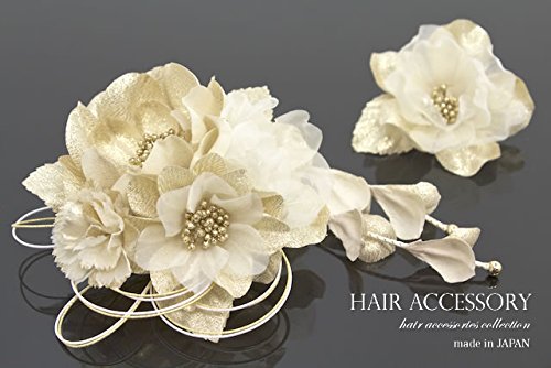髪飾り 2点セット 金 ゴールド 白 牡丹 椿 ブラ メッシュ コーム Uピン