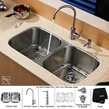 32 in. 50/50 Double Bowl Kitchen Sink w Faucet & Soap Dispenser