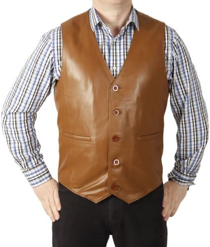 Simons Leather Men's Classic Longer Length Leather Waistcoat Medium Tan