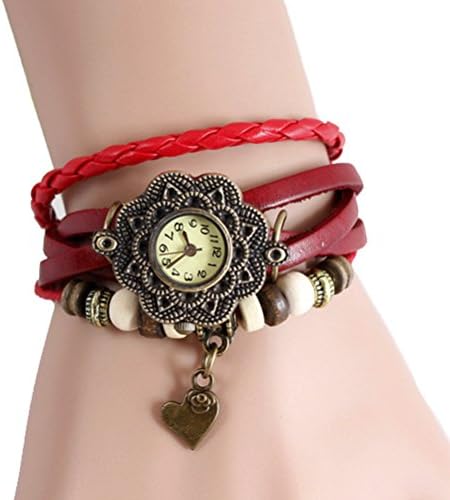 DAYAN Vintage Quartz Heart Weave Wrap Around Leather Bracelet Woman Wrist Watch Red
