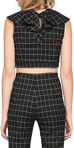 Harlyn Women's Grid Printed Ruffled Neck Crop Top S Black