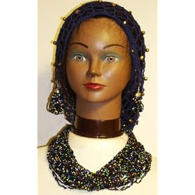 Hand Crocheted Navy Rayon Cotton Gimp Large Snood Trimmed with Gold Beads for Women Offered in...