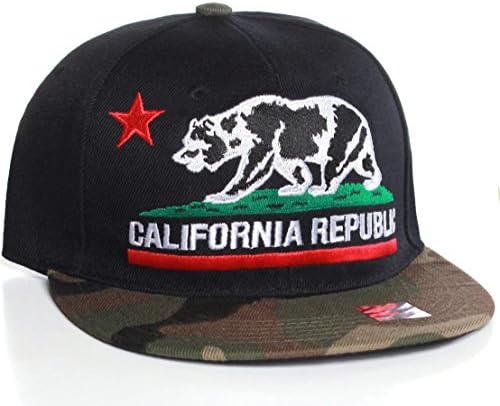California Republic Flat Bill Bear Logo Only Style Snapback Hat Cap - (One Size, Black Camo)