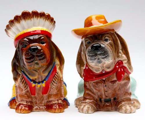 Indian Chief Dog & Cowboy Basset Hound Salt and Pepper Shaker Set