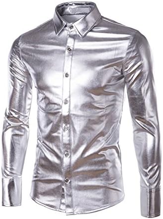 Thiness Mens Trend Nightclub Styles Metallic silver Button Down Shirt