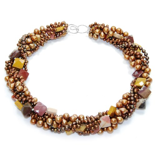 6 Strand Freshwater Pearl Brown, Faceted Mookaite Necklace with 925 Sterling Silver Clasp 18\