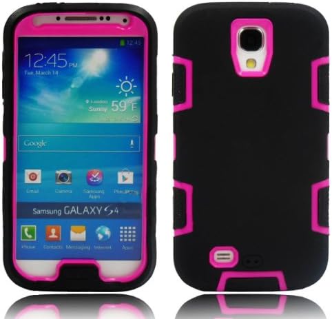 3in1 Rubber Combo Hard Soft Hybrid High Impact Armor Case Skin Gel for Samsung Galaxy S4 Iv I9500 w/ Free Screen Protector (Black/ Hot Pink)