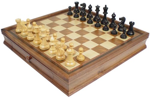 Parker Staunton Chess Set in Ebonized Boxwood with Walnut Chess Case with Drawers - 3.75