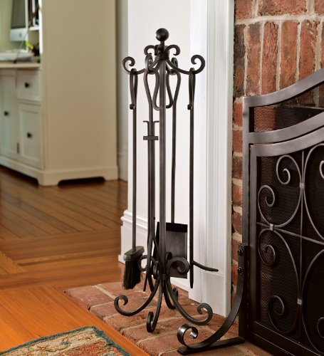 Large 2-Door Finished Tubular-Steel Crest Fire Screen and Four-Piece Tool Set in Black