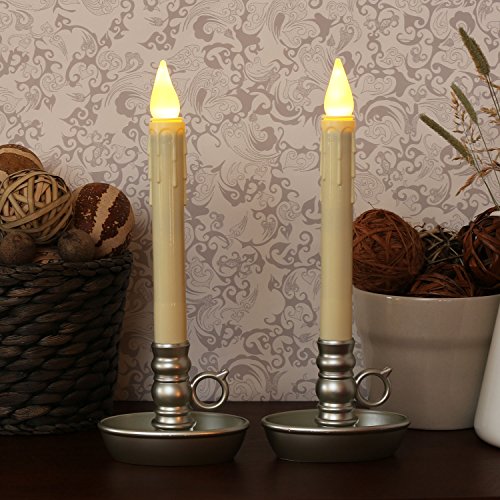 Set of 2 Classic Flameless Ivory Drip Taper LED Candles with Pewter Finish Candlesticks with Holder and Auto Timer - Batteries Included