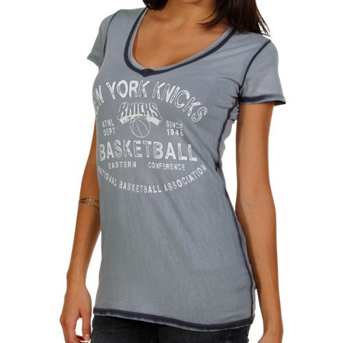 New York Knicks Ladies Seam Wash Premium V-Neck T-Shirt - Navy Blue (Small)