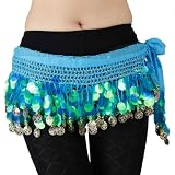 Multi-Row Paillettes Gold Coins Belly Dance Wrap & Hip Scarf, Lively Style -lake blue