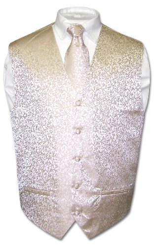 Antonio Ricci Men's Cream Paisley Design Dress Vest NeckTie Set for Suit or Tuxedo