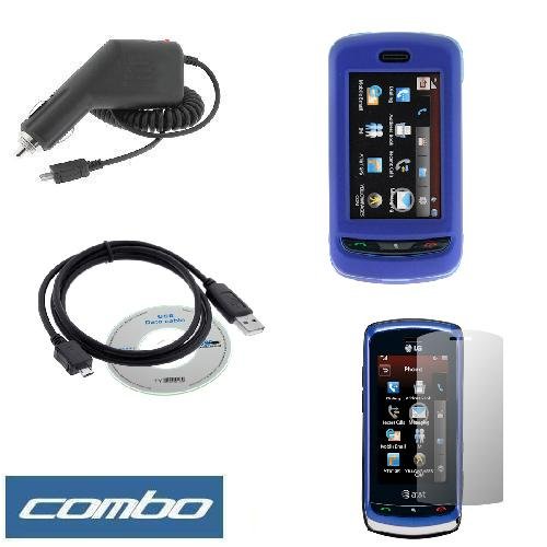 Solid Dark Blue Rubberized Snap On Crystal Hard Case + Clear LCD Screen Protector + Rapid Car Charger + USB Data Cable for AT T LG Xenon GR500 Cell Phone