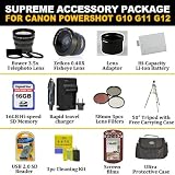 Supreme Accessory Package For Canon Powershot G12 G11 G10 Includes 0.40X FishEye Wide Angle Lens, 3.5X Telephoto Lens, Filter Kit, 16GB Memory, Case, Tripod, 3HR Battery, Charger + Much More