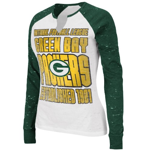 NFL Women's Green Bay Packers Model Player Long Sleeve Raglan Split Crew Neck Haze Tee (White Haze/Dark Green Haze, Medium)
