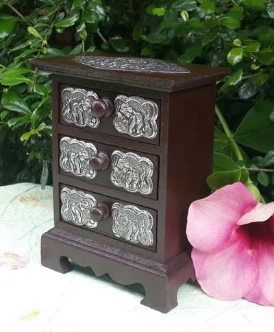 vintage wood drawer cabinet storage 3 chest Mango Wood Metal Carved Elephant Curio Decor handmade craft Metal elephant Thai designs#2