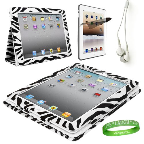 Zebra iPad Skin Cover Case Stand with Screen Flap and Sleep Function for all Models of The NEW Apple iPad (3rd Generation, wifi , + AT&T 3G , 16 GB , 32GB , MD328LL/A , MD329LL/A , MD330LL/A, ect..) + Compatible White iPad earbud Earphones with Noise reduction + Custom iPad Anti Glare Screen Protector + Live * Laugh * Love Vangoddy Trademarked Wrist Band!!!