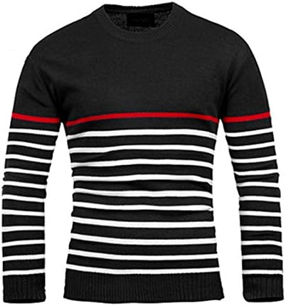 Men's Premium Thin Striped Crewneck Sweater Jumper Knit Pullover (Medium, Black)