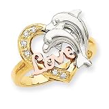 14k Gold Tri-color Dolphin Love with CZ Ring